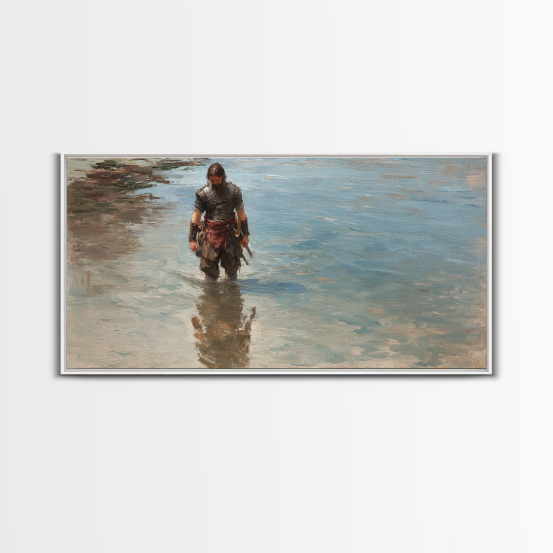 Solitary Warrior Walking Through Blue Water Canvas Print, Coastal Battle Wall Art, Heroic Landscape Decor, Modern Gift For Him