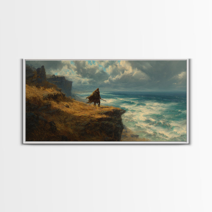 Cloaked Warrior On Ocean Cliff Wall Art, Moody Seascape Canvas Print, Fantasy Coastal Decor For Office Or Living Room Art