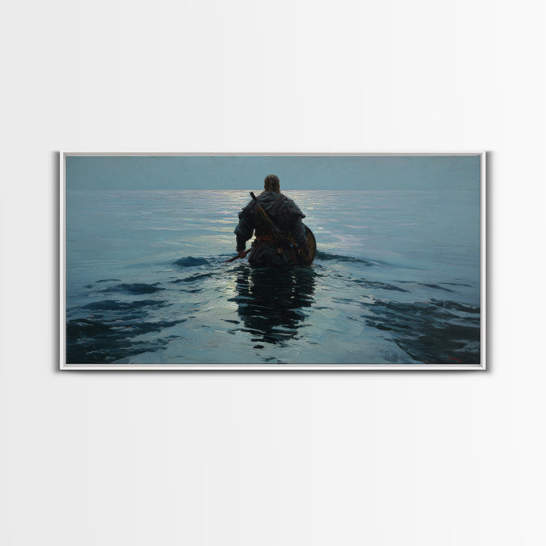 Lone Warrior Wading Into Calm Blue Sea Framed Canvas Print, Nautical Fantasy Wall Art, Moody Coastal Living Room Decor Gift