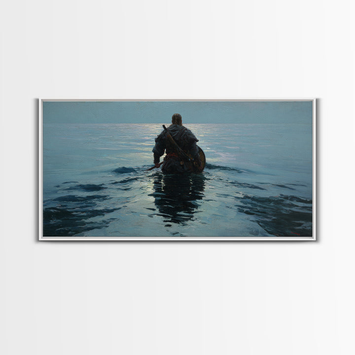Lone Warrior Wading Into Calm Blue Sea Framed Canvas Print, Nautical Fantasy Wall Art, Moody Coastal Living Room Decor Gift