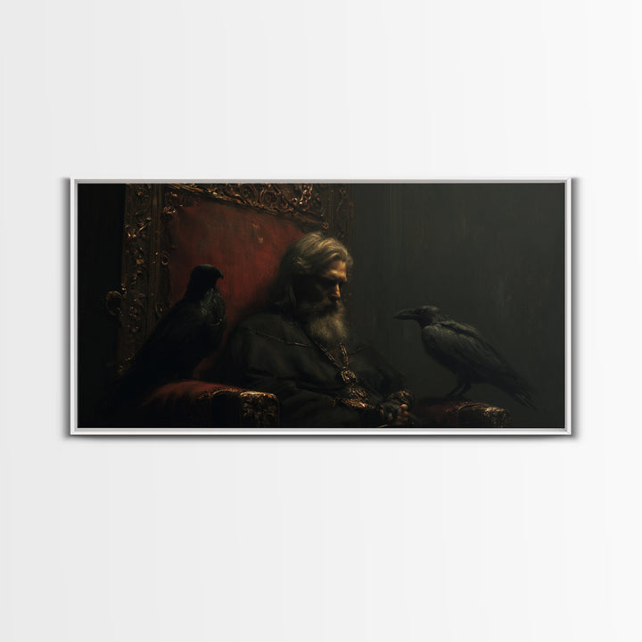 Moody Raven King Throne Portrait Wall Art, Dark Academia Gothic Canvas Decor, Medieval Fantasy Painting For Living Room Decor