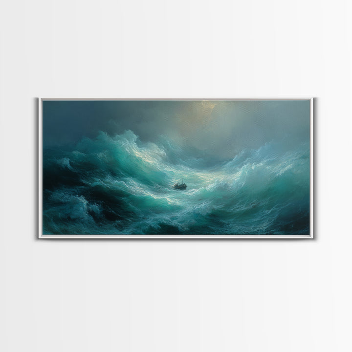 Stormy Ocean With Tiny Boat Canvas Print, Dramatic Seascape Wall Art, Moody Coastal Decor, Nautical Gift For Him, Ocean Art Print