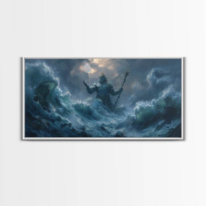 Majestic Mythical Ocean God Painting Wall Art Canvas Print For Coastal Rustic Home Decor And Living Room