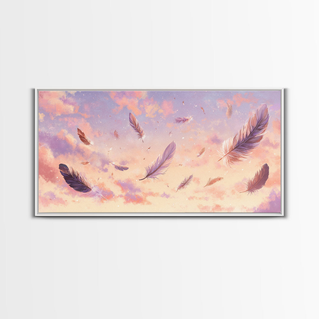 Floating Feathers Canvas Print, Pastel Sunset Sky Wall Art, Dreamy Celestial Decor, Soft Boho Bedroom Wall Decor, Gift For Her