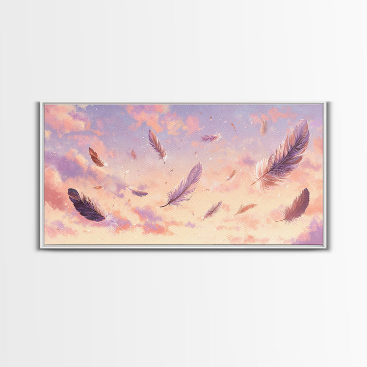 Floating Feathers Canvas Print, Pastel Sunset Sky Wall Art, Dreamy Celestial Decor, Soft Boho Bedroom Wall Decor, Gift For Her