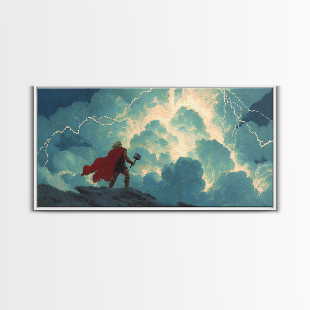 Norse Thunder God With Hammer Wall Art, Lightning Storm Mythology Canvas Decor, Viking Fantasy Print For Game Room Decor