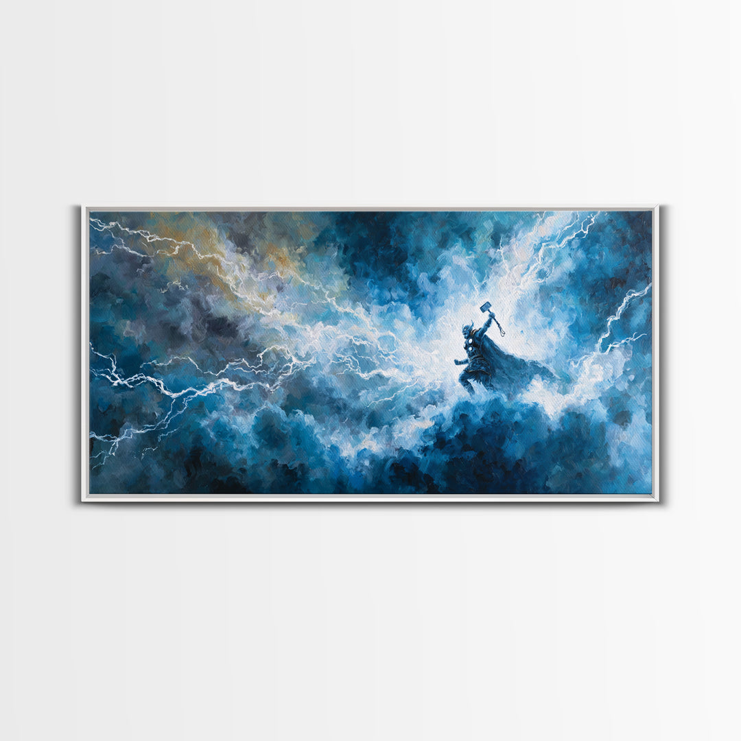 Thunder God In Lightning Storm Canvas Print Epic Fantasy Wall Art, Blue Mythology Home Decor, Viking Inspired Gift For Him