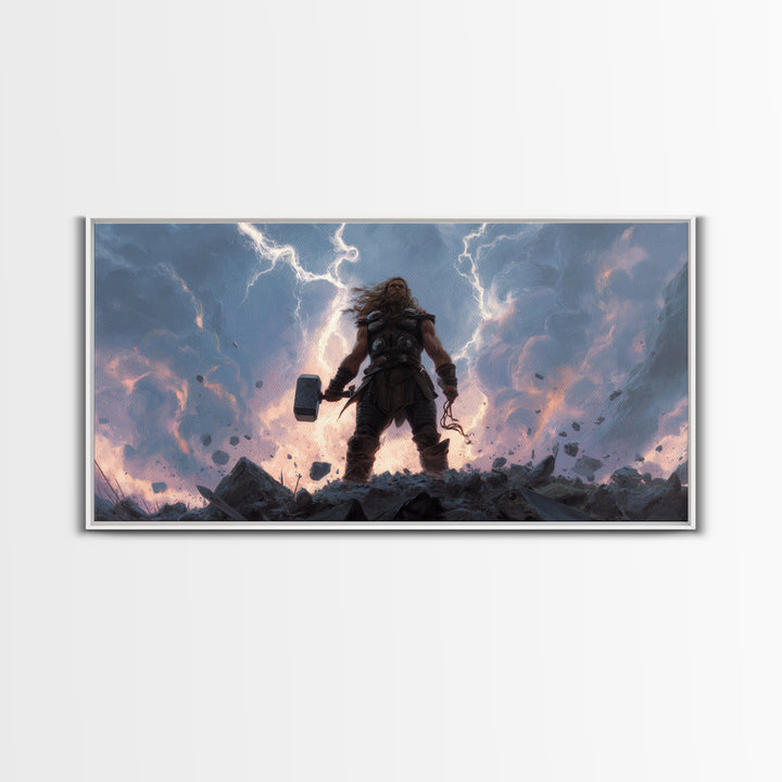 Thunder God Warrior With Hammer And Lightning Wall Art, Mythological Fantasy Canvas Print, Dramatic Storm Decor Gift For Him