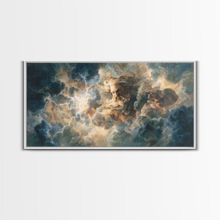 Storm Cloud God With Lightning Wall Art, Mythological Canvas Print, Dramatic Fantasy Decor, Dark Academia Living Room Art