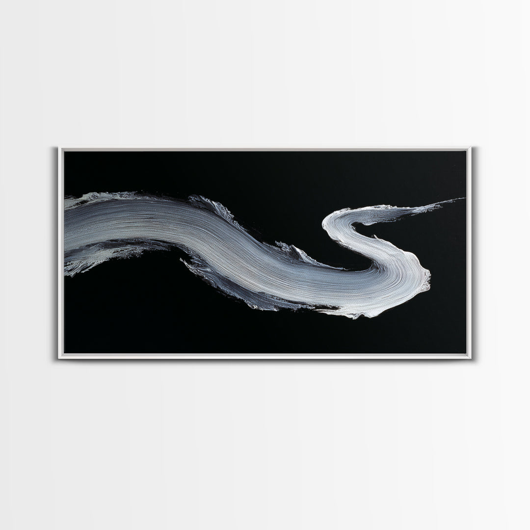 Abstract Bold White Brushstroke On Black Background Modern Wall Art, Canvas Print For Contemporary Home Decor And Office Decoration