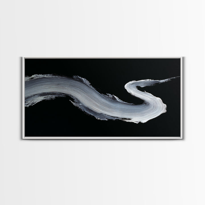 Abstract Bold White Brushstroke On Black Background Modern Wall Art, Canvas Print For Contemporary Home Decor And Office Decoration