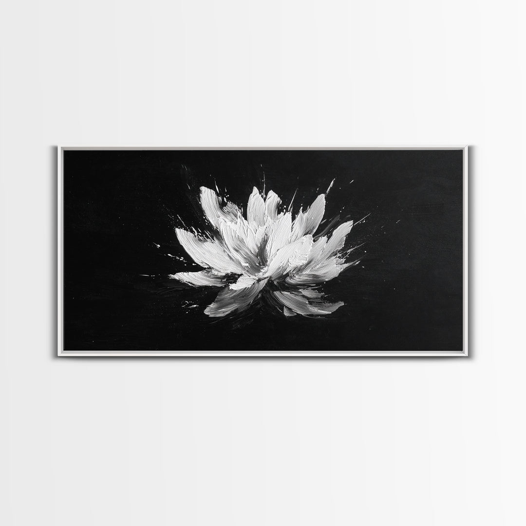 Abstract White Flower On Black Background Minimalist Wall Art Modern Home Decor Canvas Print For Living Room And Bedroom