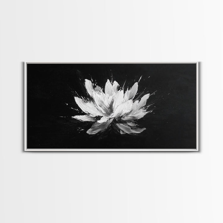 Abstract White Flower On Black Background Minimalist Wall Art Modern Home Decor Canvas Print For Living Room And Bedroom
