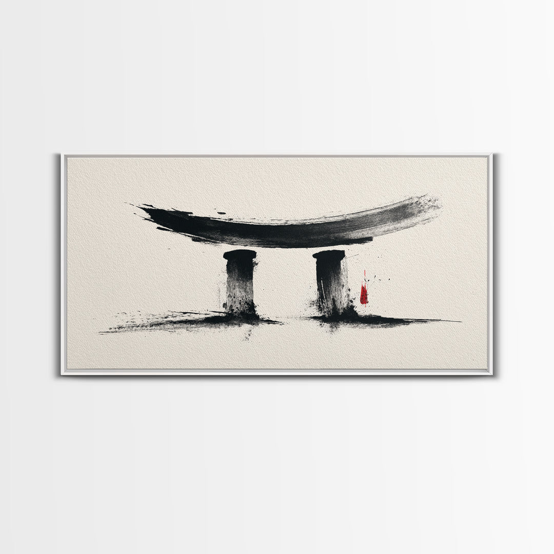 Minimalist Abstract Black Ink Calligraphy Inspired Wall Art Featuring Stylized Traditional Japanese Torii Gate In Ink Wash Style Framed Canvas Print