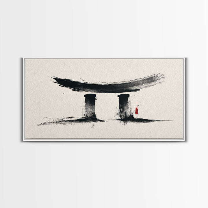 Minimalist Abstract Black Ink Calligraphy Inspired Wall Art Featuring Stylized Traditional Japanese Torii Gate In Ink Wash Style Framed Canvas Print