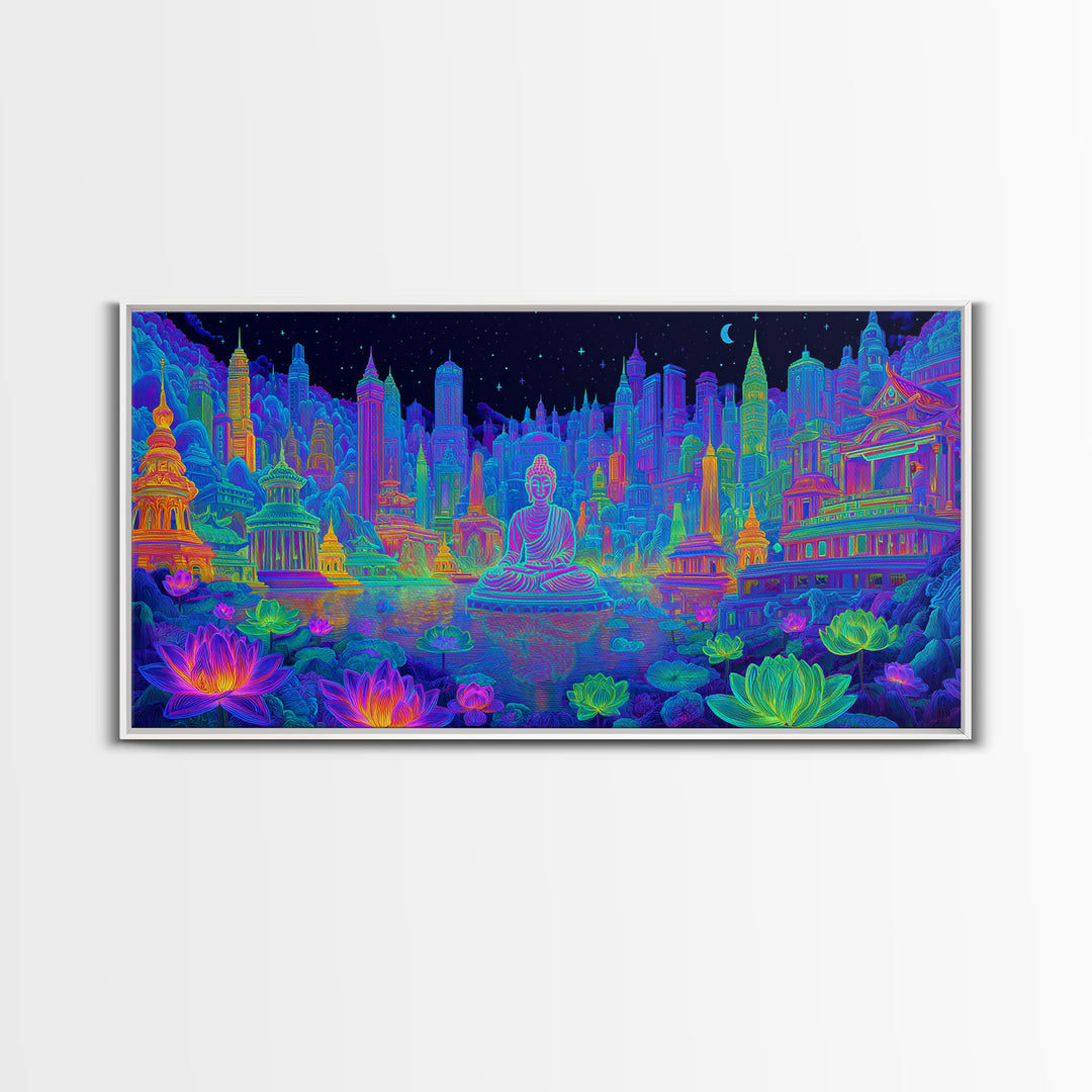 Vibrant Neon Cityscape With Buddha Statue And Lotus Flowers Modern Wall Art Colorful Spiritual Canvas Print