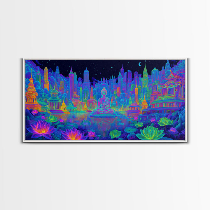Vibrant Neon Cityscape With Buddha Statue And Lotus Flowers Modern Wall Art Colorful Spiritual Canvas Print
