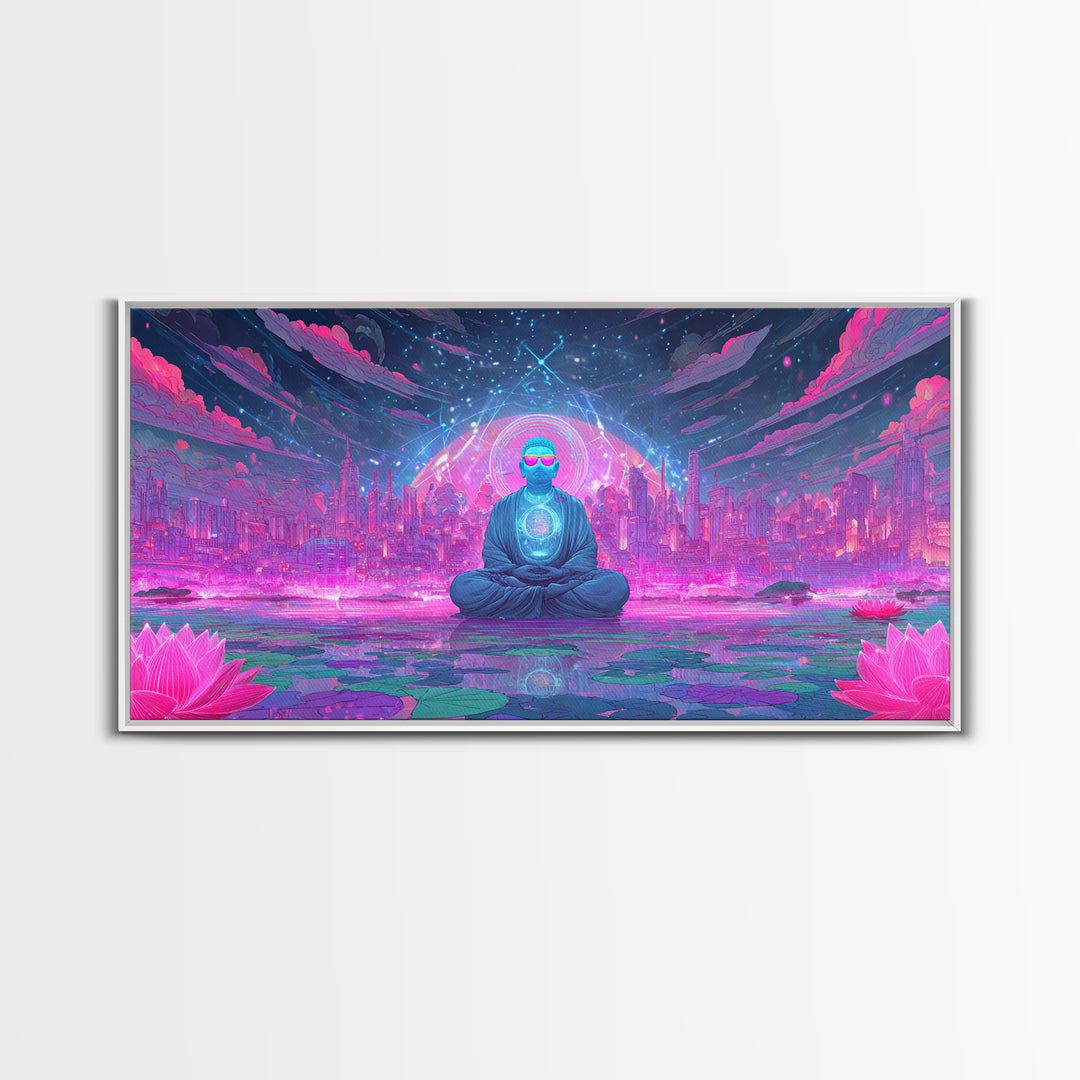 Futuristic Meditating Figure With Neon Cityscape Abstract Wall Art Framed Canvas Print For Office And Living Room