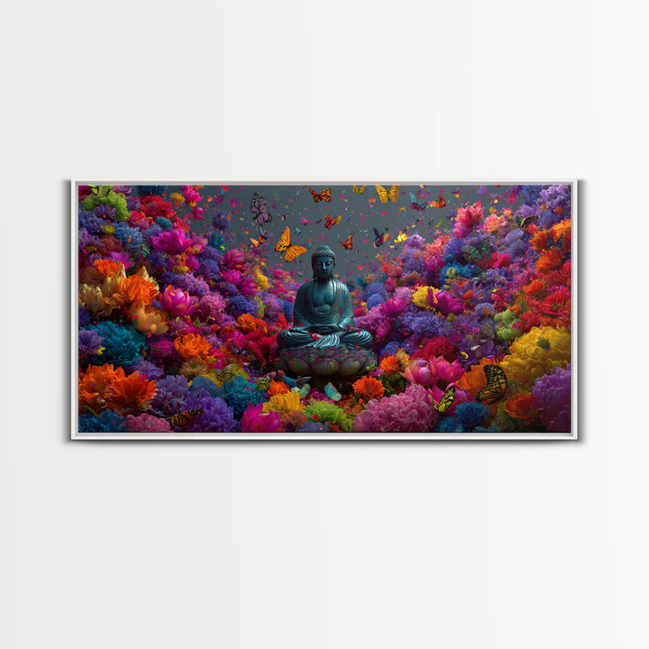 Meditative Buddha Statue Surrounded By Colorful Flowers And Butterflies Contemporary Wall Art Framed Canvas Print