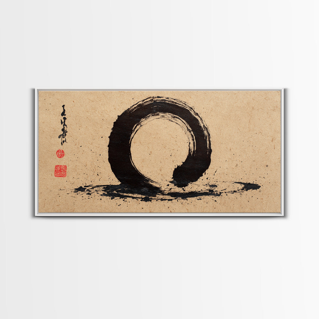 Minimalist Black Ink Enso Circle Painting On Textured Paper Modern Abstract Wall Art Framed Canvas Print For Contemporary Home Decor