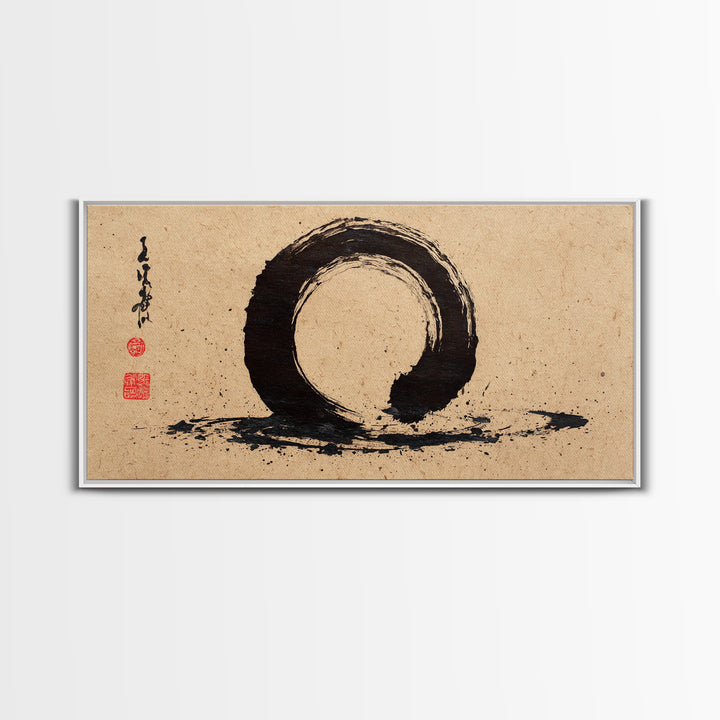 Minimalist Black Ink Enso Circle Painting On Textured Paper Modern Abstract Wall Art Framed Canvas Print For Contemporary Home Decor
