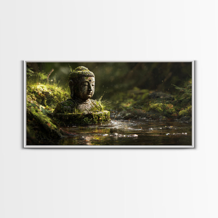 Serene Buddha Statue In Mossy Forest Water Reflection Wall Art Framed Canvas Print For Spa Zen Home Decor
