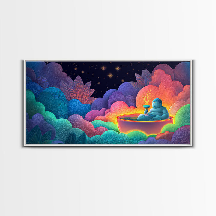 Colorful Vibrant Buddha With Neon Aura And Dynamic Clouds Spiritual Wall Art For Meditation Room And Yoga Studio Canvas Print