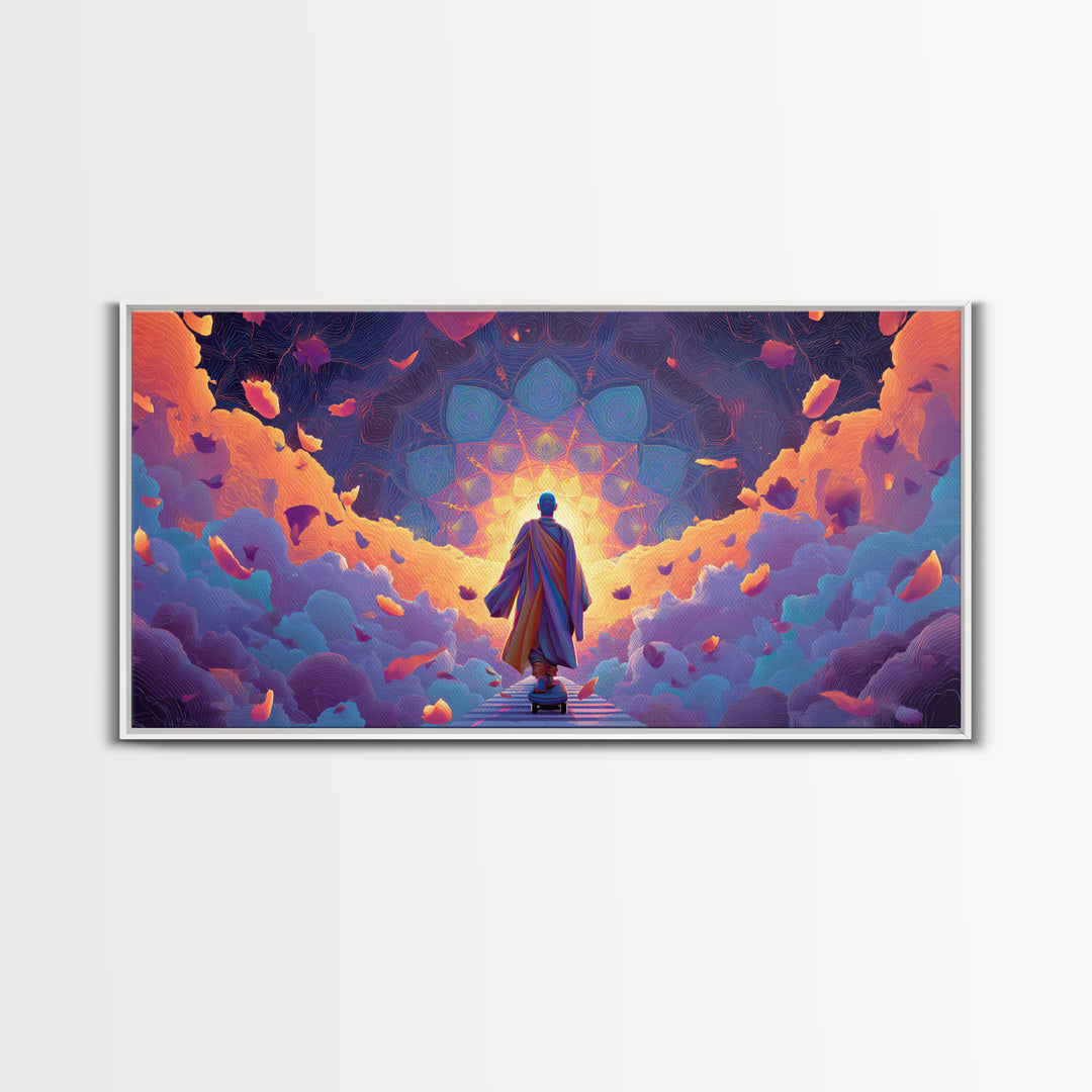 Mystical Monk Walking On Path Surrounded By Glowing Petals Spiritual Canvas Print Meditative Wall Art For Home Decor