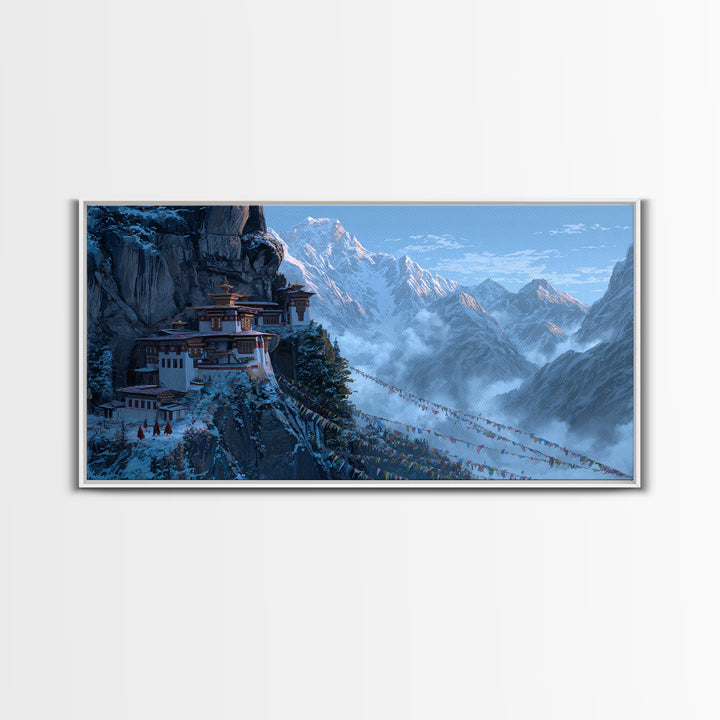 Snowy Mountain Monastery Landscape With Prayer Flags Serene Nature Scene Wall Art Framed Canvas Print For Meditation Room Decor