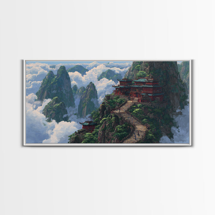 Scenic Traditional Asian Mountain Temple Landscape Painting Framed Canvas Print, Large Wall Art For Living Room Decor And Housewarming Gift