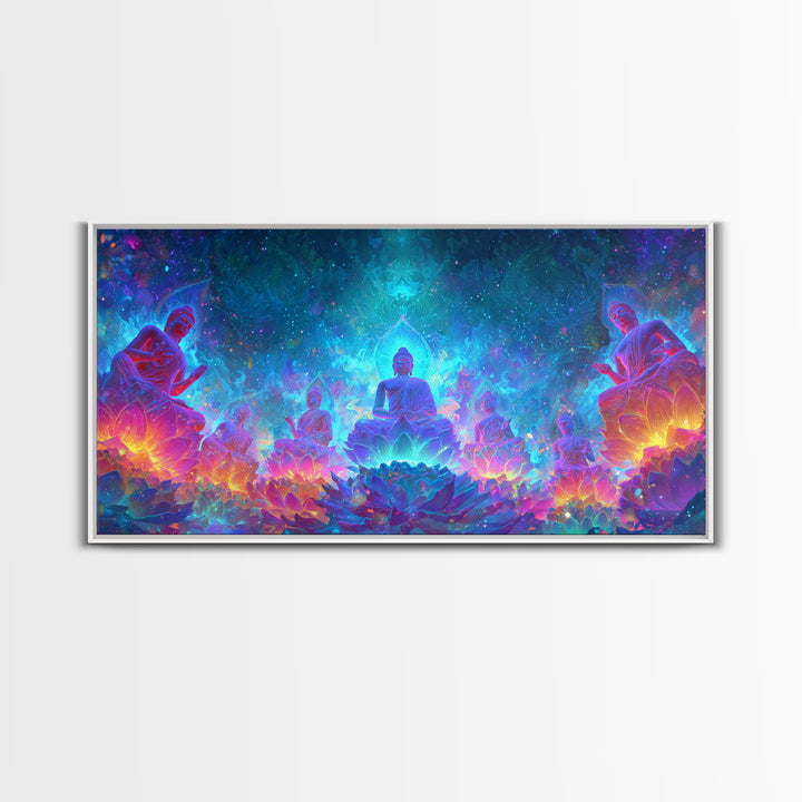 Mystical Buddha Statues Surrounded By Vibrant Lotus Flowers Spiritual Wall Art For Yoga Room Decor Canvas Print