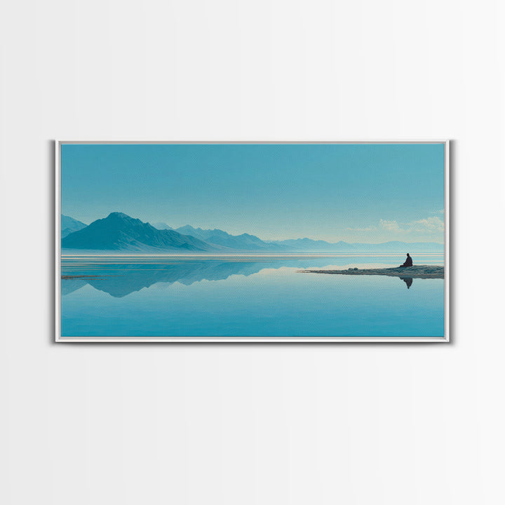 Tranquil Meditation Scene On Lake With Person Sitting Calm Water And Mountains Framed Canvas Print Zen Wall Art For Home Decor