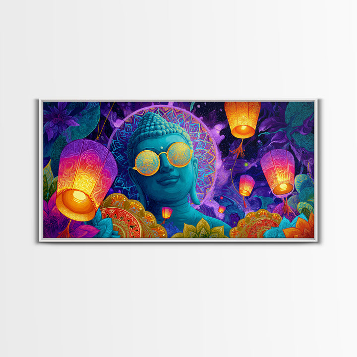 Colorful Buddha Statue With Lanterns And Floral Mandala Neon Art Print Modern Spiritual Wall Art Framed Canvas Print