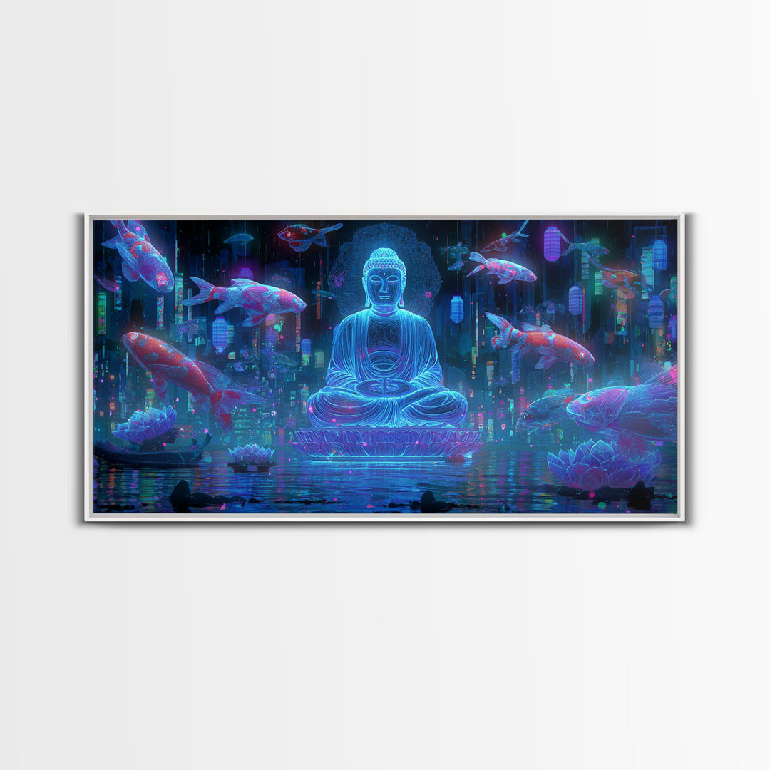 Mystical Neon Buddha Sitting With Koi Fish In Cyber Water Garden Wall Art Digital Canvas Print For Modern Home Decor