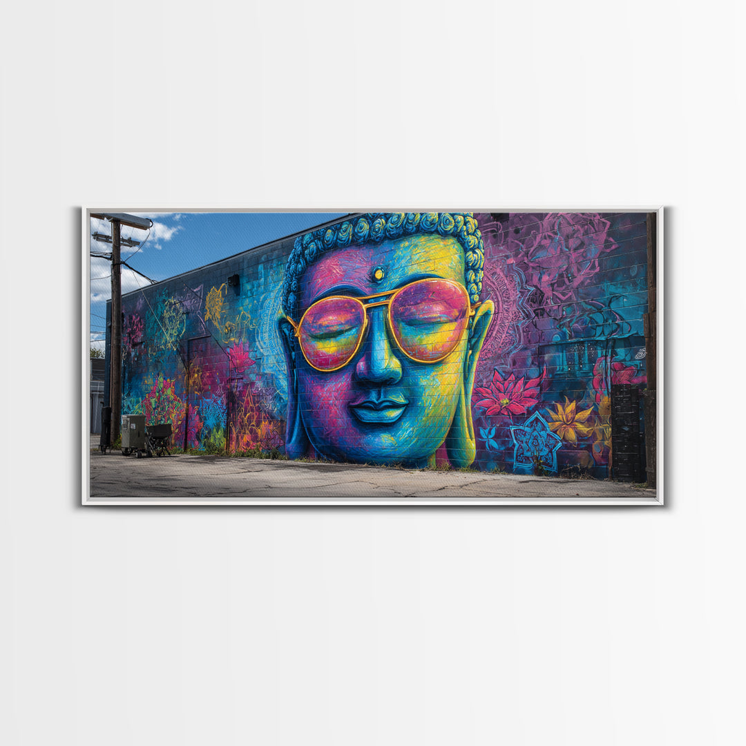 Colorful Graffiti Mural Of Buddha Wearing Sunglasses Vibrant Street Art Wall Art Framed Canvas Print