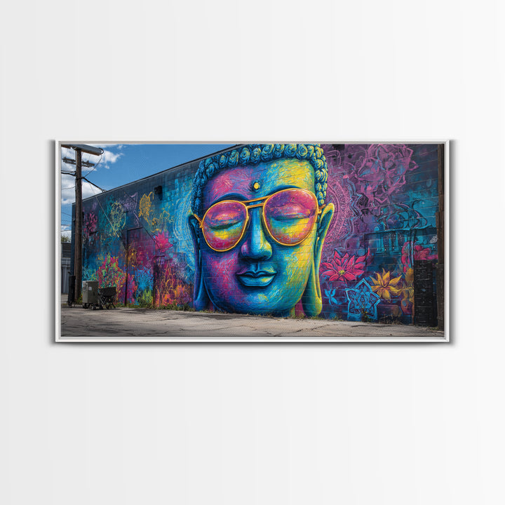 Colorful Graffiti Mural Of Buddha Wearing Sunglasses Vibrant Street Art Wall Art Framed Canvas Print