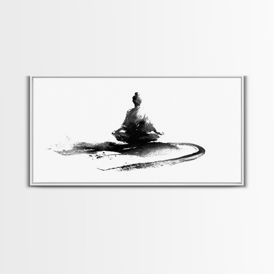 Minimalist Black And White Ink Painting Of Meditating Figure Abstract Wall Art Canvas Print For Modern Home Decor