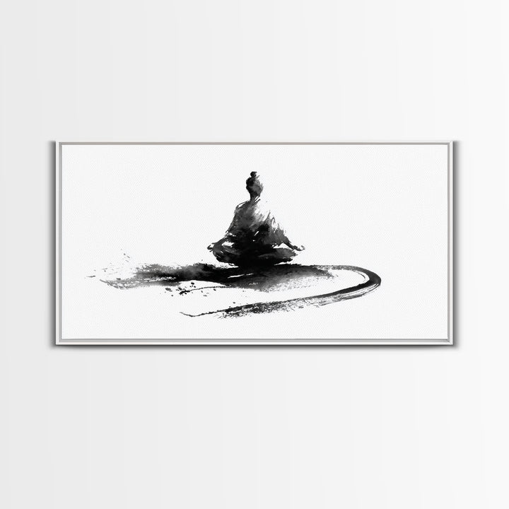 Minimalist Black And White Ink Painting Of Meditating Figure Abstract Wall Art Canvas Print For Modern Home Decor