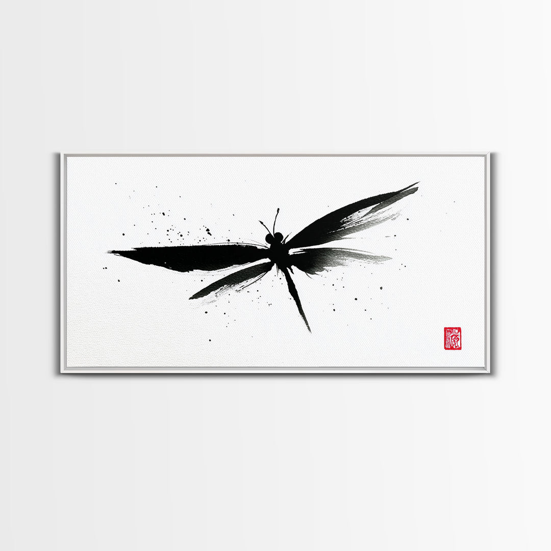 Zen Brush Stroke Dragonfly Japanese Ink Painting Minimalist Black And White Wall Art For Modern Home Decor Canvas Print