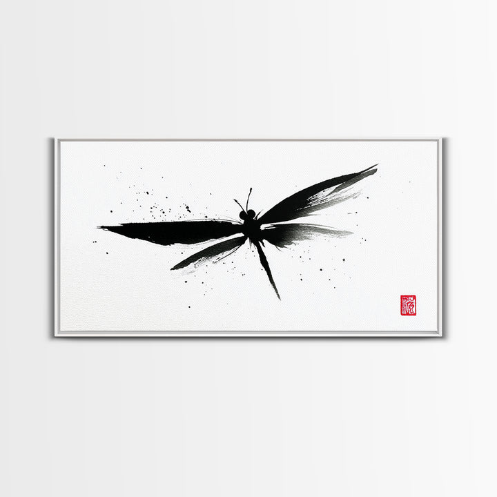 Zen Brush Stroke Dragonfly Japanese Ink Painting Minimalist Black And White Wall Art For Modern Home Decor Canvas Print