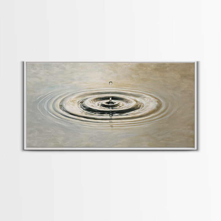Hyperrealistic Water Drop Ripples Painting, Neutral Wall Art Framed Canvas Print For Modern Living Room Decor And Meditation Space