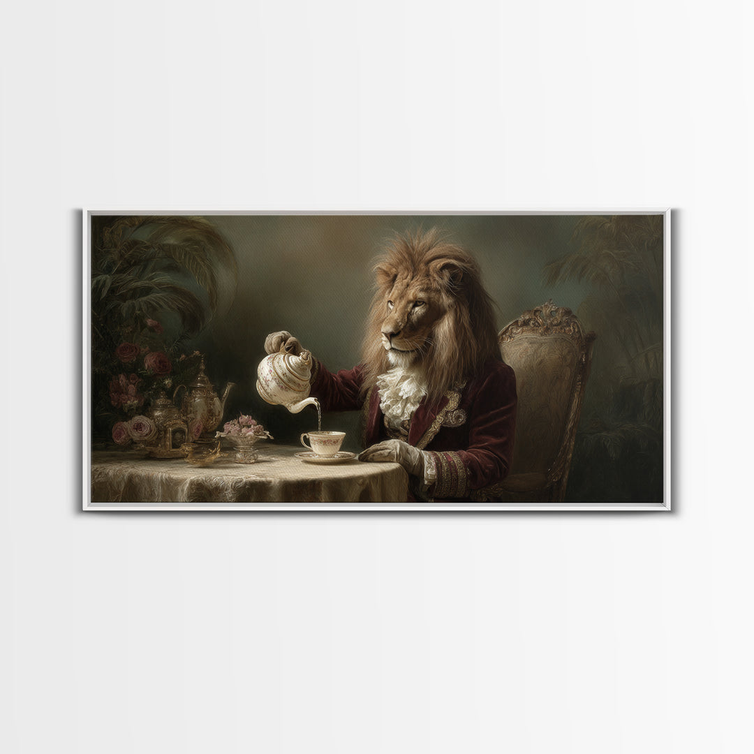 Regal Lion Having Afternoon Tea Wall Art, Whimsical Animal Canvas Print, Funny Bathroom Decor, Unique Gift For Her, Quirky Wall Decor
