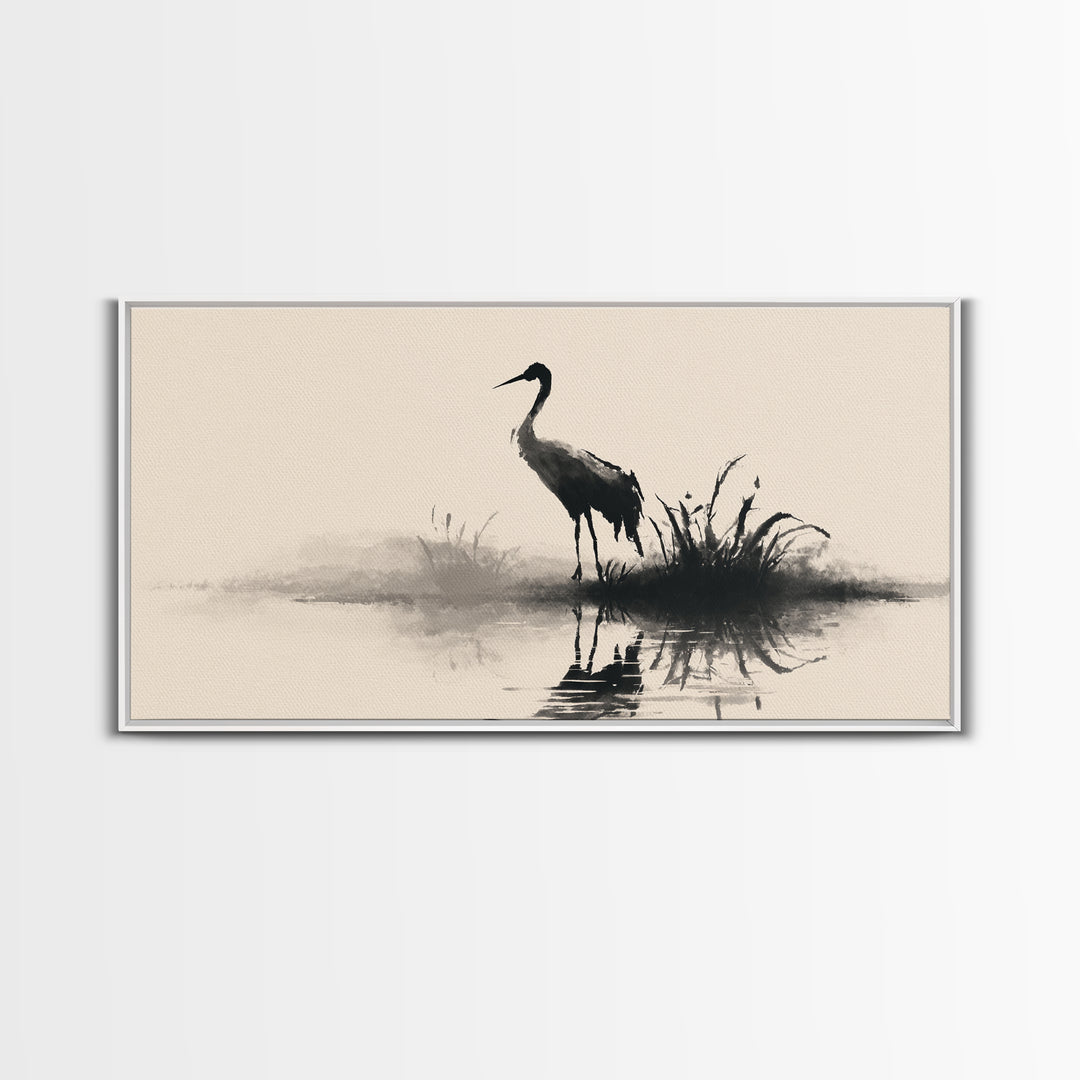 Elegant Black Crane Silhouette Reflecting Over Calm Water Minimalist Wall Art Framed Canvas Print For Home Decor