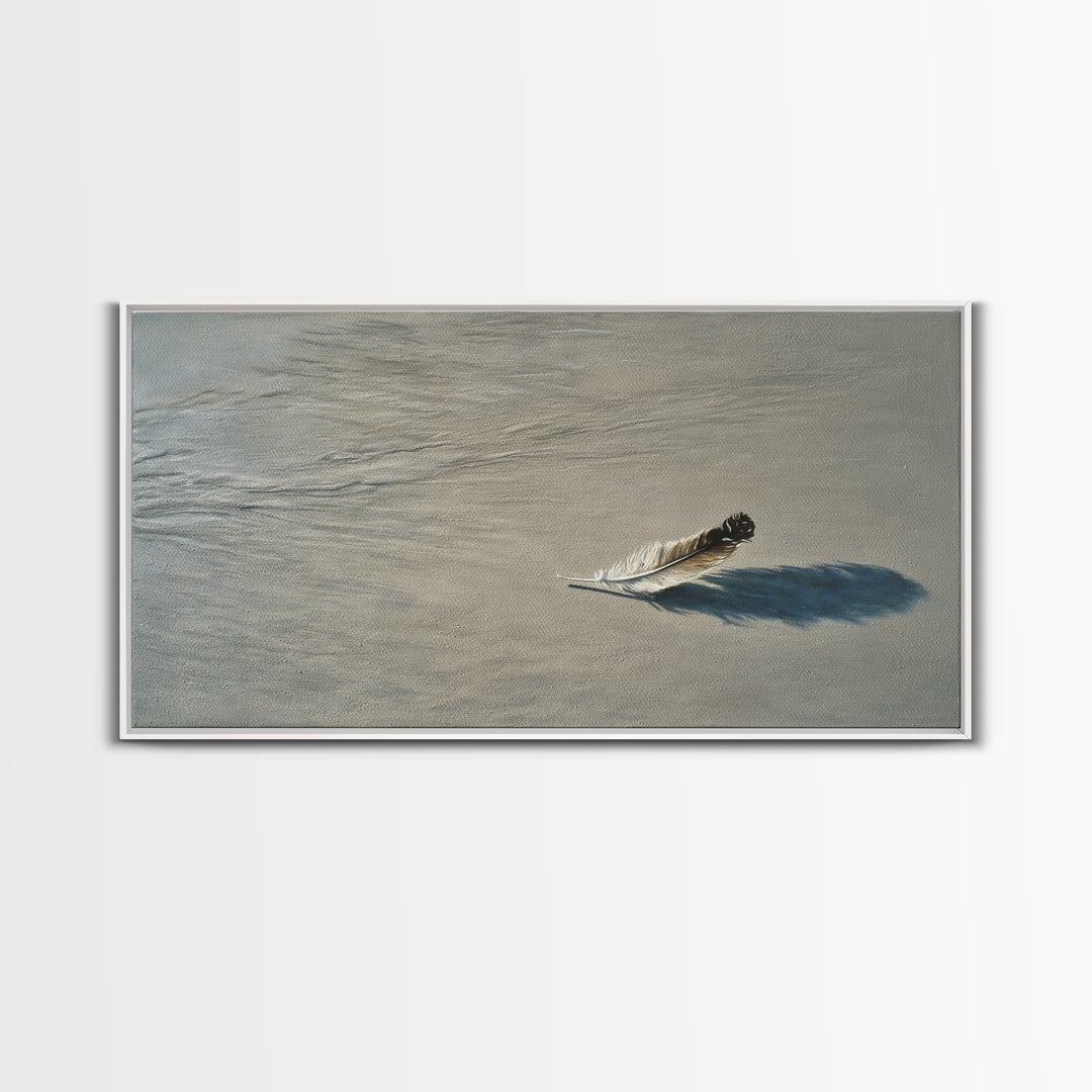 Delicate Single Feather With Realistic Shadow In Soft Beige Canvas Print For Elegant Wall Art Home Decor