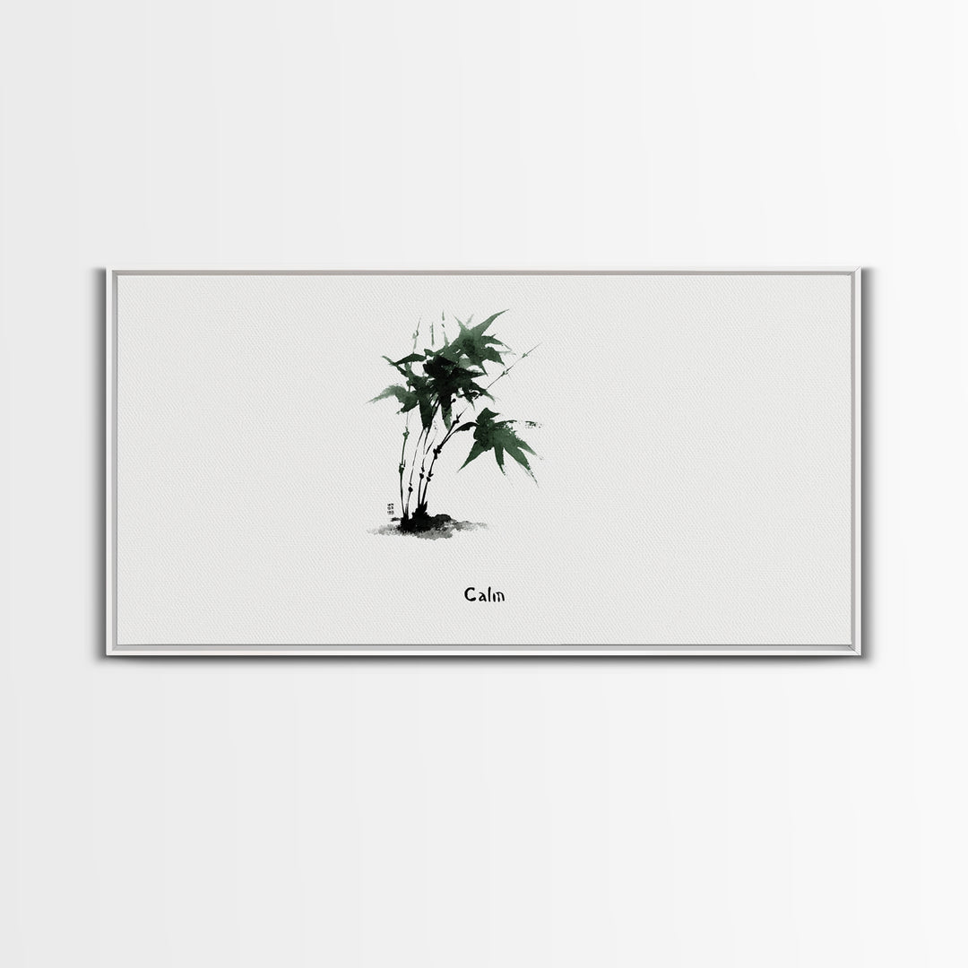 Minimalist Japanese Ink Painting Of Green Maple Leaves Calm Nature Wall Art Framed Canvas Print For Zen Home Decor