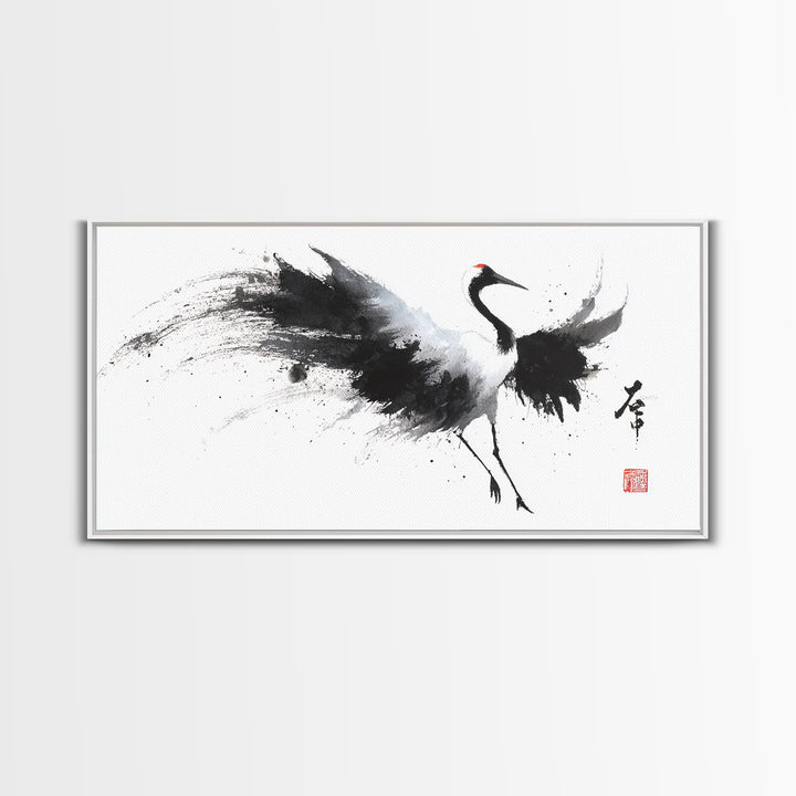 Elegant Japanese Crane Ink Painting Monochrome Art Minimalist Wall Art For Modern Home Decor Framed Canvas Print