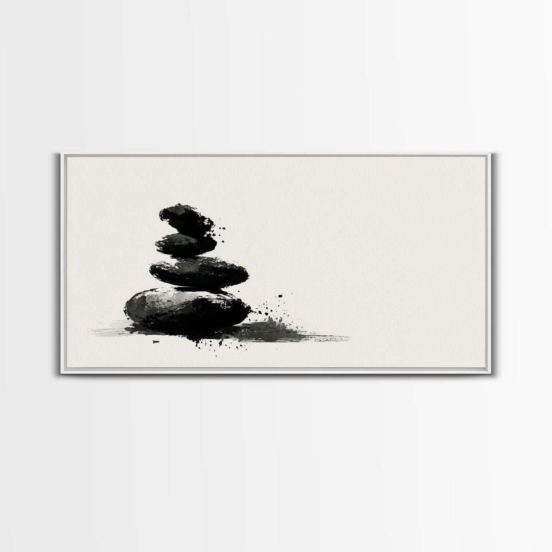 Minimalist Black And White Zen Stones Abstract Painting Wall Art Framed Canvas Print For Modern Home Decor