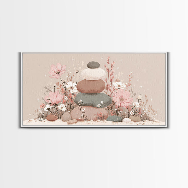 Stacked Zen Stones Wall Art, Pink Floral Spa Decor, Wabi Sabi Neutral Home Decor, Calming Bathroom Meditation Canvas Print