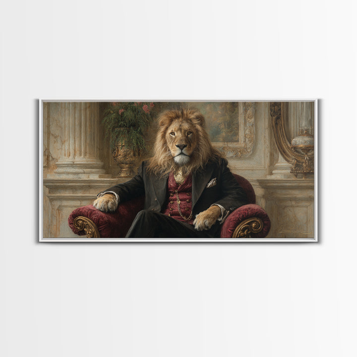 Regal Lion In Velvet Armchair Wall Art, Victorian Animal Portrait, Luxury Home Decor, Moody Living Room Art, Gift For Him