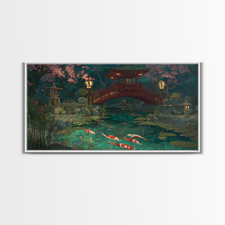 Peaceful Japanese Garden Pond With Koi Fish And Traditional Bridge Painting, Serene Wall Art, Framed Canvas Print For Zen Home Decor